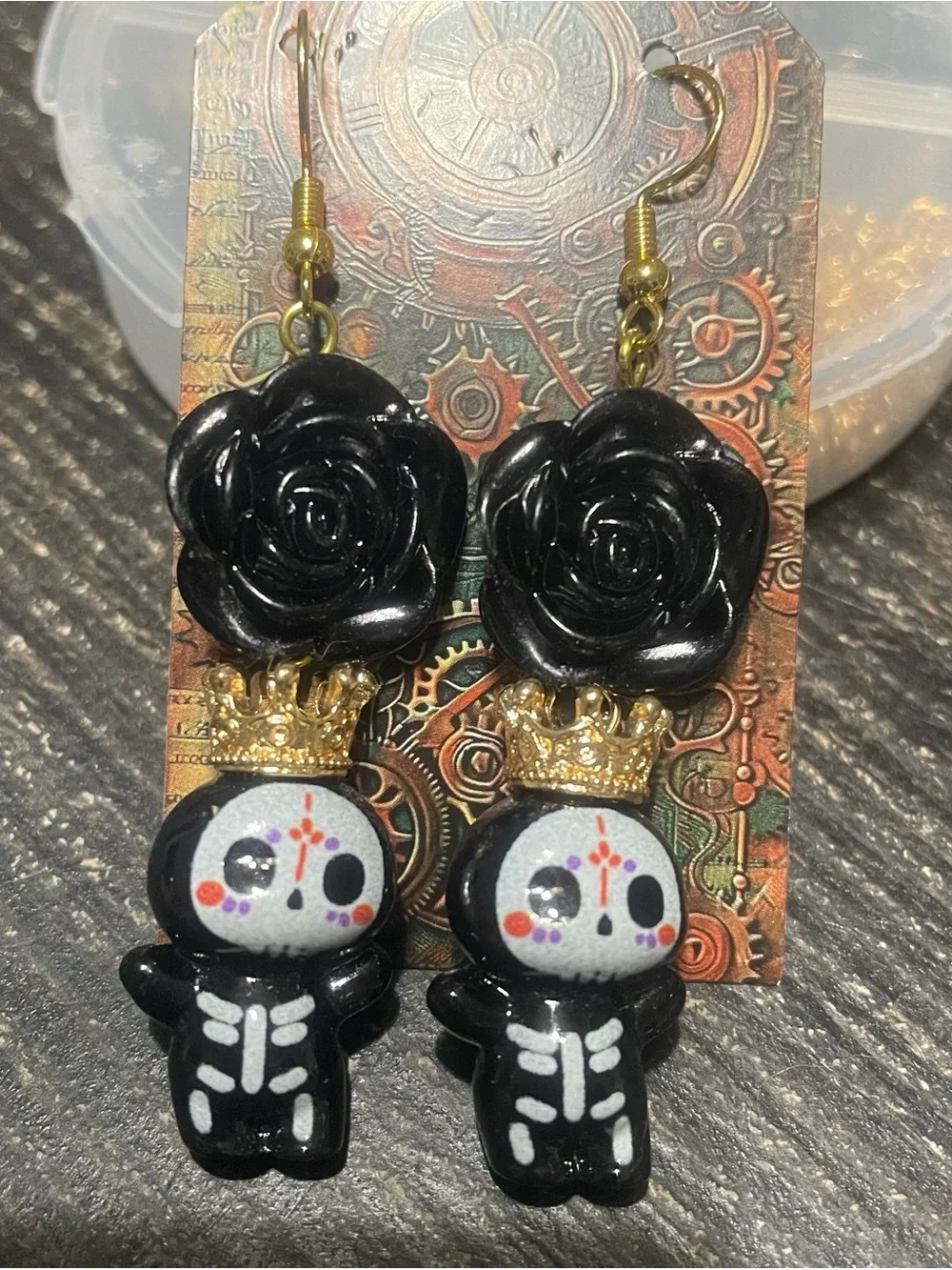 Hand Crafted Black Rose Skeleton Earrings